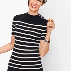 NWT Talbots Black Ivory Striped Mockneck Button Shoulder Sweater woman's size MP